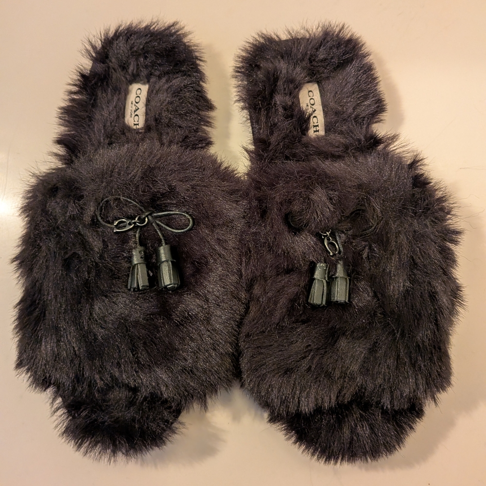 COACH Black Furry Slide Slippers | US 6
